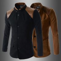 Großhandel - Hohe Qualität 2015 Neue Ankunft Casual Slim Fit Stilvolle Patchwork Männer Mandarin Kragen Blazer Jacke Anzüge Schwarz / Braune Farben