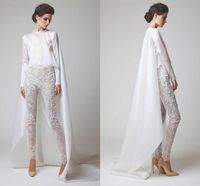 2020 Новые белые вечерние платья два штуки шифоновые кружева жемчужные брюки видят через длинные рукава Elio Abou Fayssal вечерние платья с курткой 1