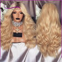 180density Dark Roots ombre Blonde Synthétique Perruque En Dentelle Avant Résistant À La Chaleur Cheveux Ondulés Corps Vague Perruques pour Les Femmes Noires