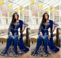 2019 Novo Com Applique Lace Abaya Dubai Kaftan Longo Plus Size Formal Vestidos de Noite Azul Royal Luxo Cristal Muçulmano Árabe Vestidos de Noite