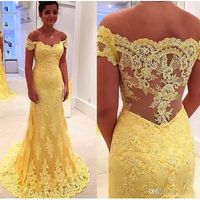 옐로우 레이스 머메이드 댄스 파티 드레스 Vestidos 2017 오프 숄더 레이스 Appiques 이브닝 드레스 여성 공식 파티 드레스 플러스 사이즈