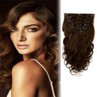 Clip per capelli brasiliane marrone scuro estensioni da 7 pezzi # 4 nelle estensioni dei capelli umani dell'onda corporea