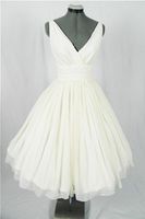 Real Vintage 50-х годов короткие свадебные платья длиной до колен Ruched шифон V-образным вырезом танк Неофициальные 1950-х годов пляжные свадебные платья на заказ простой