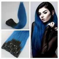 1b bleu Ombre Clip en extensions de cheveux humains 7Pcs cheveux humains Clip en extensions cheveux raides