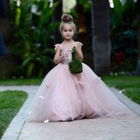 Allık Pembe Çiçek Kız Elbise Aplikler Spagetti Sapanlar Balo Ruffles Tül Pageant elbise Kızlar için Uzun Kız Elbise Düğün için