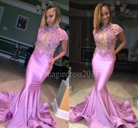 2021 Lace Prom Evening Dresses Mermaid High Neck Illusion Bo...