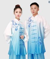 Unisex streç ipek Tai chi performans takım elbise giyim mavi ve beyaz porselen renk nakış dövüş sanatları giyim suit
