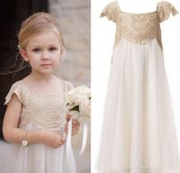 2017 Vintage Flower Girl Dresses for Bohemia Wedding Cheap Floor Length Cap Sleeve Empire Champagne Lace Ivory Tulle First Communion Dresses