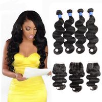 Brazilian Body Wave Human Hair Weaves Extensions 4 Bundles with Closure Free Middle 3 Part Double Weft Dyeable Bleachable 100g/pc DHL