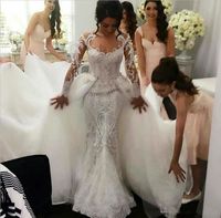 2022 Full Lace Retro Abiti da sposa abiti con tulle staccabile Overskirt Gioiello Neck Sheer Maniche lunghe Perle Ricamo Elegante Bridal