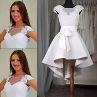 Высокий низкий Белый бальное платье Jewel короткие / мини атласная коктейль Homecoming платье с аппликациями кружева