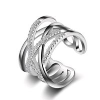 Anello in argento con pietre laterali Micro Pavy Zircon Linea multistrato Bianco piastra in oro bianco Semplice bocca aperta anelli di polpette per le dita delle donne