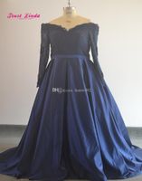 Long Puffy Prom Dresses Ball Gown V Neck Beaded Sparkly Pageant Evening Gowns Floor Length Long Sleeves Navy Blue Prom Dress Hot Sale
