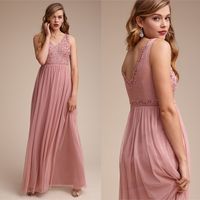 Vestidos de damas de honor rosadas más nuevas 2021 V cuello sin mangas Un vestido de dama de honor formal con cuentas de cristal largo para bodas