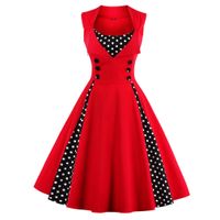 도매 - 여성 5XL 새로운 50s 60s 빈티지 드레스 폴카 도트 패치 워크 민소매 봄 여름 빨간 드레스 로크 빌리 스윙 파티 드레스