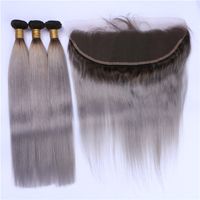 Dark Roots 1B / gris Ombre 13x4 cierre frontal de encaje completo con 3 paquetes Silky recto gris plateado Ombre cabello brasileño teje con frontal