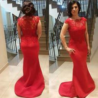 Cheap 2017 Formal Dresses Evening Sexy Sheer Lace Applique Jewel Neck Cap Sleeve Elegant Hot Red Mermaid Backless Satin Mother of The Bride