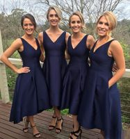 2019 Short High Low Bridesmaid Dresses With Pockets Navy Blu...