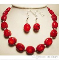 Modeschmuck Weiß Akoya Perle rote Koralle Halskette Ohrringe Set