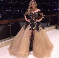 2019 árabe lindo preto applique champanhe celebridade vestidos de noite mangas compridas até o chão robe de soirée com saia de tule removível