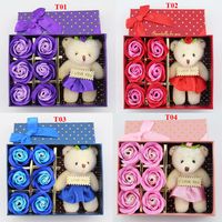 6 Unids / caja Rose Romantic Soap Flower con Little Cute Bear Doll Ideal para el día de San Valentín Giftsfor regalo de boda o regalos de cumpleaños