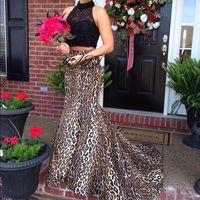 New 2017 Sexy Leopard Print Two Pieces Prom Dresses High Neck Beading Sweep Train Mermaid Evening Dress Party Gowns