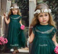 Tee Länge Blume Mädchen Kleider für Boho Vintage Hochzeit Sheer Hals Cap Sleeve Tüll Custom Baby Kind Erst Kommunion Kleid
