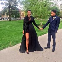African Sexy Zwei Stück Schwarz Prom Kleider Mit Langen Ärmeln Abnehmbaren Mantel 2017 Kurze Spitze Abendgesellschaft Kleider
