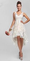 Vintage High Low Lace Elfenbein Brautkleider V-Ausschnitt Ärmellos Vorne Kurz Lang Hinten Kurz Braut Party Kleider Formell