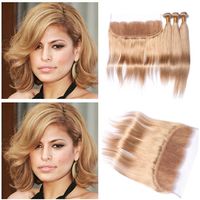 Peruansk # 27 Honey Blonde Human Hair Weaves With Frontal Light Brown Silky Rak 13x4 Full Lace Frontal med 3 buntar förlängningar