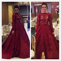 2017 Burgundy Prom Dresses Lace Arabic Muslim Evening Gowns Long Sleeves A Line Satin vestidos de festa
