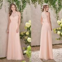 2018 A Line Chiffon Peach Bridesmaid Dresses Lace Bodice Jewel Neck Zipper Back Maid of Honor Gowns Billiga Bröllop Gästklänning