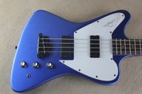 Süper Rarefirebird Thunderbird Olmayan Ters 4 Dizeleri Metalik Mavi Elektrik Bas Gitar Beyaz Pickguard Boyun Vücut Siyah Donanım