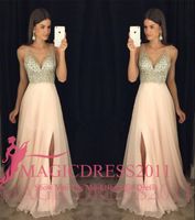 2021 A-Line Chiffon-Prom-Kleider exquisite Perlen-Pailletten tiefe V-Ausschnitt Split Bodenlänge Abendkleid Formale Mädchen Pageant Kleid