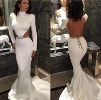 Branca gola alta Sereia Prom Dresses 2021 Long Sleeve oco cintura Backless vestidos de noite Arábia Saudita formal do partido Vestidos Vestidos