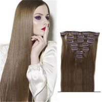 2017 Vente Chaude Clip En Droite Cheveux Péruviens # 8 Pleine Tête Foncé Brun Extensions De Pelo Cheveux Naturels