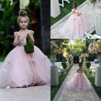 Allık Pembe Çiçek Kız Elbise Aplikler Spagetti Sapanlar Balo Ruffles Tül Pageant elbise Kızlar için Uzun Kız Elbise Düğün için s