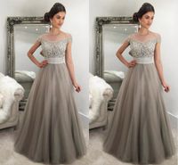 2017 Elegant Silver Gray Evening Dresses Off Shoulder Cap Sleeves Crystal Beaded Tulle Puffy Saudi Arabic Formal Evening Gowns Prom Dresses