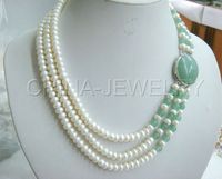 P1205-17-19 "3row 8mm blanc de perles de perles d'eau douce et de jade collier blanc gp