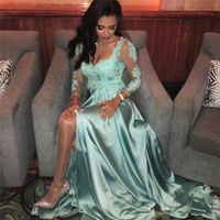 Sexy High Split Appliques Lace Prom Dresses 2019 Sheer Long ...