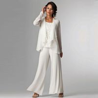 Beyaz Şifon Anne Gelin Pant Suit Bateau Boyun Dantel Düğün Konuk Elbise Uzun Kollu Ceket Ile Annenin Damat Elbiseler