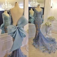 2019 Light Blue Mermaid Abendkleider Sheer Jewel Neck Langarm Zurück Mit Großen Bogen Applikationen Perlen Formale Party Kleid Nach Maß Detail