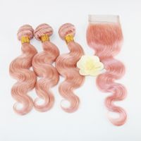 Preço de atacado cabelo virgem brasileiro 3 pacotes com fechamento não transformados 100% feixes de cabelo humano com lace closure cor rosa # onda do corpo