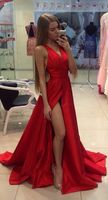 2019 Vermelho A Linha Vestidos de Baile Vestidos de Festa À Noite Longos De Cetim Sem Mangas Até O Chão Fenda Alta Sexy Moda Formal Celebridade Vestidos