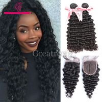 2pcs Deep Wave Brazilian Virgin Hair Bundles With Top Lace Closure Human Hair Wefts + 1pc Top Lace Closure 4x4 Full Head Greatremy