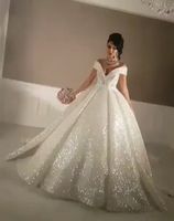 2017 Bling Ball Gown Bröllopsklänningar med Off-Shoulder Chapel Tåg Glitter Limmade Lace Real Image Cinderella Sexiga Puffy Bridal Gowns