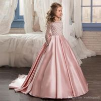 Leke İlk Communion elbise Küçük Çocuklar Çocuk Pageant Parti Törenlerinde Sevimli Uzun Kollu Güzel Büyük Yay Çiçek Gril Elbiseler