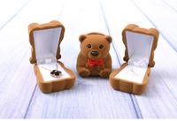 [Enkel sju] Söt Brown Bear Wedding Ring Box Plast Flocking Smycken Display Öron Studs Velvet Case Gift för Engagemnet