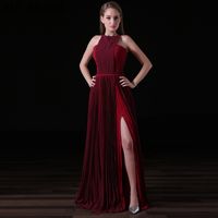 2017 Bordo Şifon Uzun Abiye Halter Moda Kadınlar Örgün Önlük Ucuz Krep Seksi Yarık Akşam Parti Gelinlik Modelleri A019