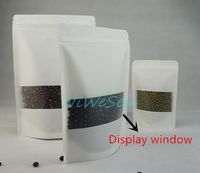 10X15 unids / lote de pie bolsa de ziplock de papel kraft con ventana transparente mate, 100 unids / lote bolsa de cremallera de papel blanco paquete de café en grano / cacao